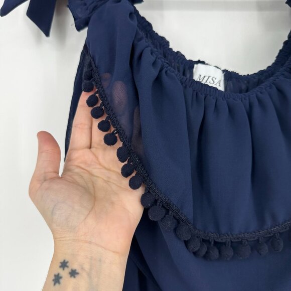 Misa Michaela Tiered Chiffon Off-Shoulder Midi Dress Navy Blue XS - Picture 6 of 12